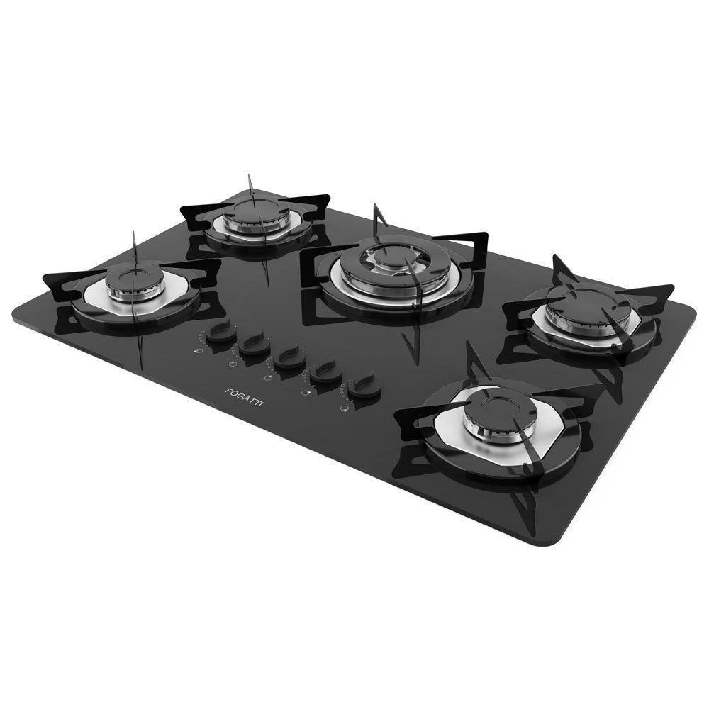 Fogão Cooktop 5 Bocas Tripla Chama Mesa Em Vidro Preto Fogatti Inox 27000501-00 Bivolt - 1