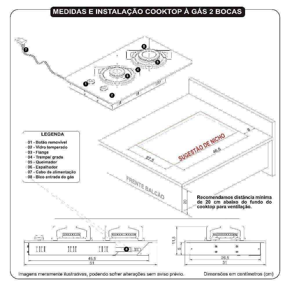 Fogão Cooktop 2 Bocas Mesa Em Vidro Preto Fogatti Inox 27000001-00 Bivolt - 4