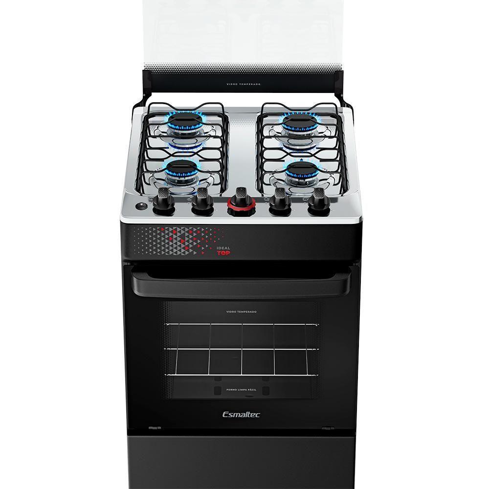 Fogão A Gás Esmaltec Mesa Inox Tampa De Vidro Forno 50L Ideal Top Preto 4 Bocas Bivolt - 4