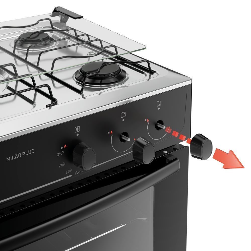 Fogão 5 Bocas Atlas Milão Plus Preto Com Mesa De Inox A Gás Bivolt - 5