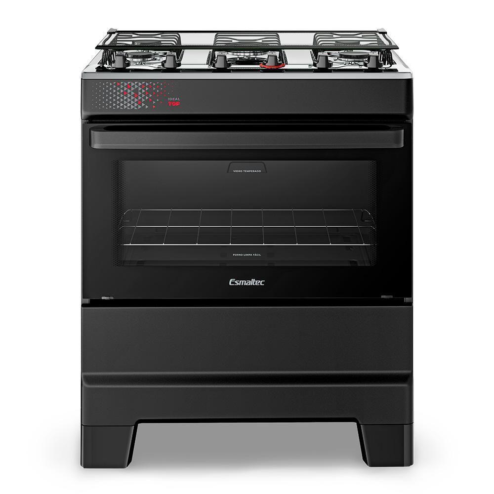 Fogão A Gás Esmaltec Mesa Inox Tampa De Vidro Forno 84L Ideal Top Preto 5 Bocas Bivolt - 1