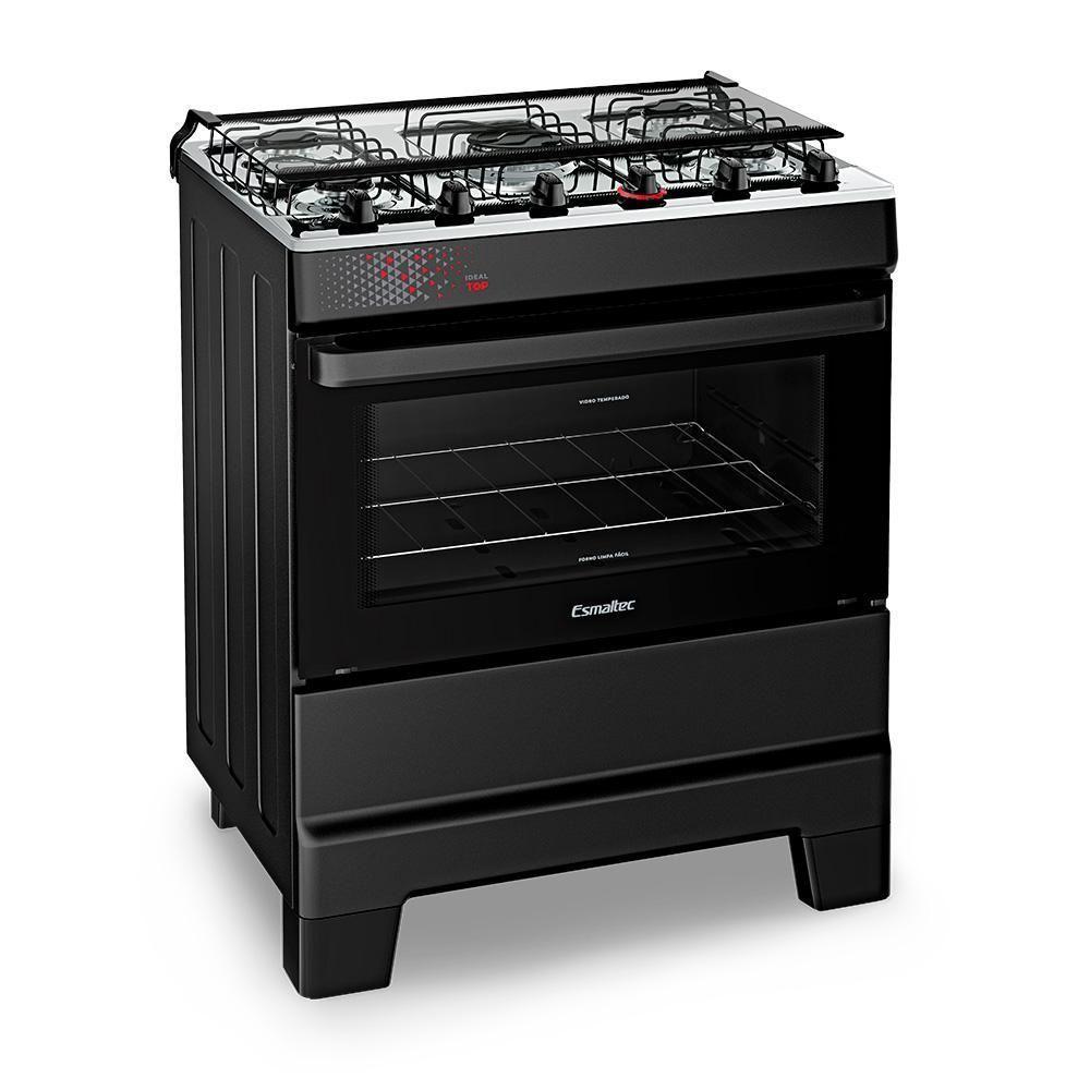 Fogão A Gás Esmaltec Mesa Inox Tampa De Vidro Forno 84L Ideal Top Preto 5 Bocas Bivolt - 2