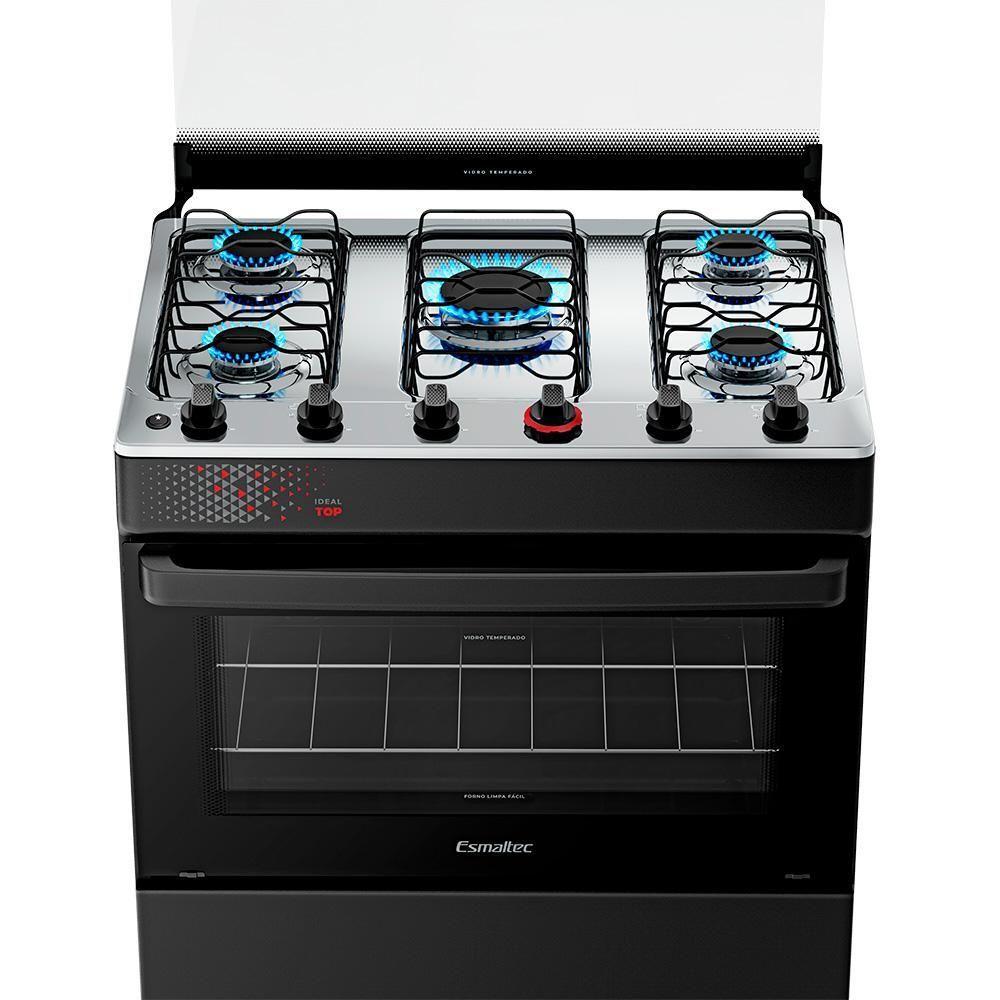 Fogão A Gás Esmaltec Mesa Inox Tampa De Vidro Forno 84L Ideal Top Preto 5 Bocas Bivolt - 4