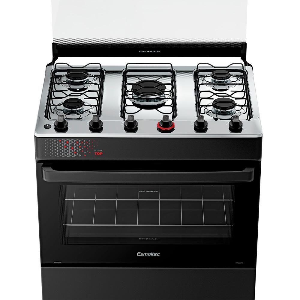 Fogão A Gás Esmaltec Mesa Inox Tampa De Vidro Forno 84L Ideal Top Preto 5 Bocas Bivolt - 5