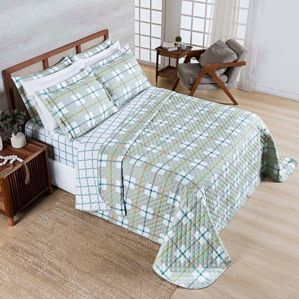 Kit Cobre Leito Colcha Belle Casal Padrão Estampado Dupla Face 400 Fios 3 Peças Grid Verde - 1