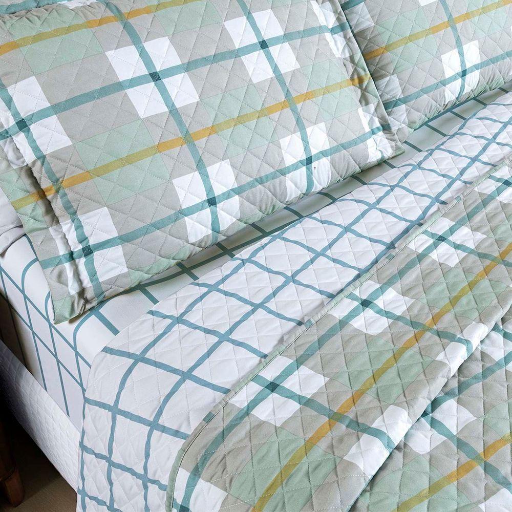 Kit Cobre Leito Colcha Belle Casal Padrão Estampado Dupla Face 400 Fios 3 Peças Grid Verde - 3
