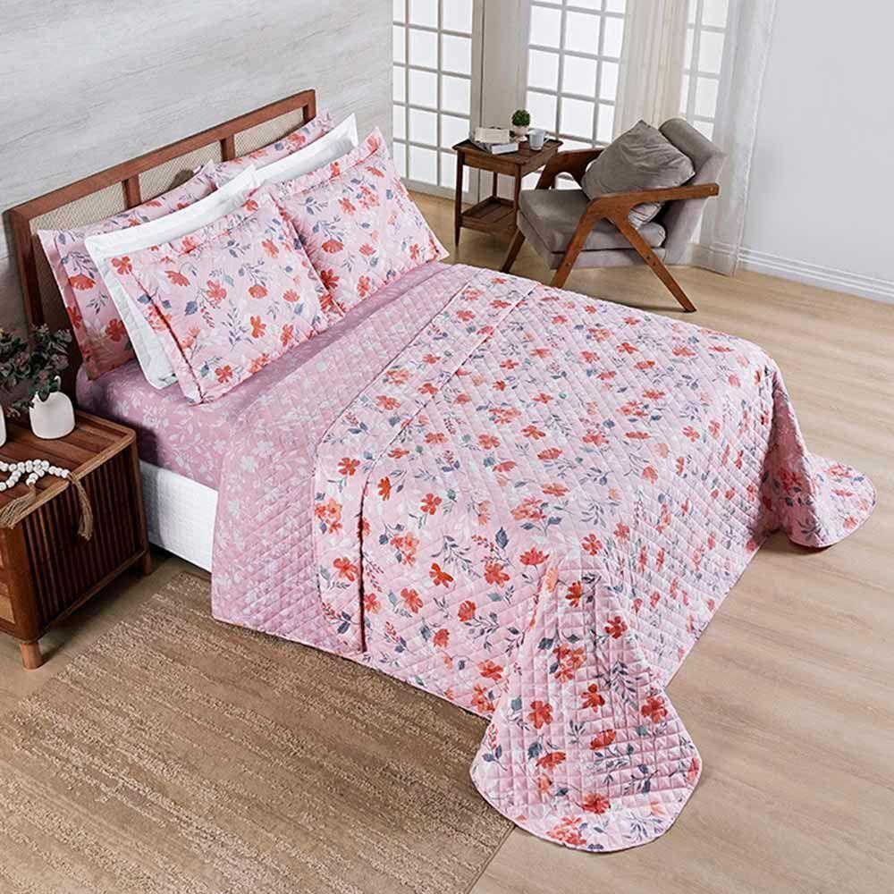 Kit Cobre Leito Colcha Benim King 3 Peças Dupla Face Micropercal 400 Fios - Flora Rosa - 100% Poliéster - 1