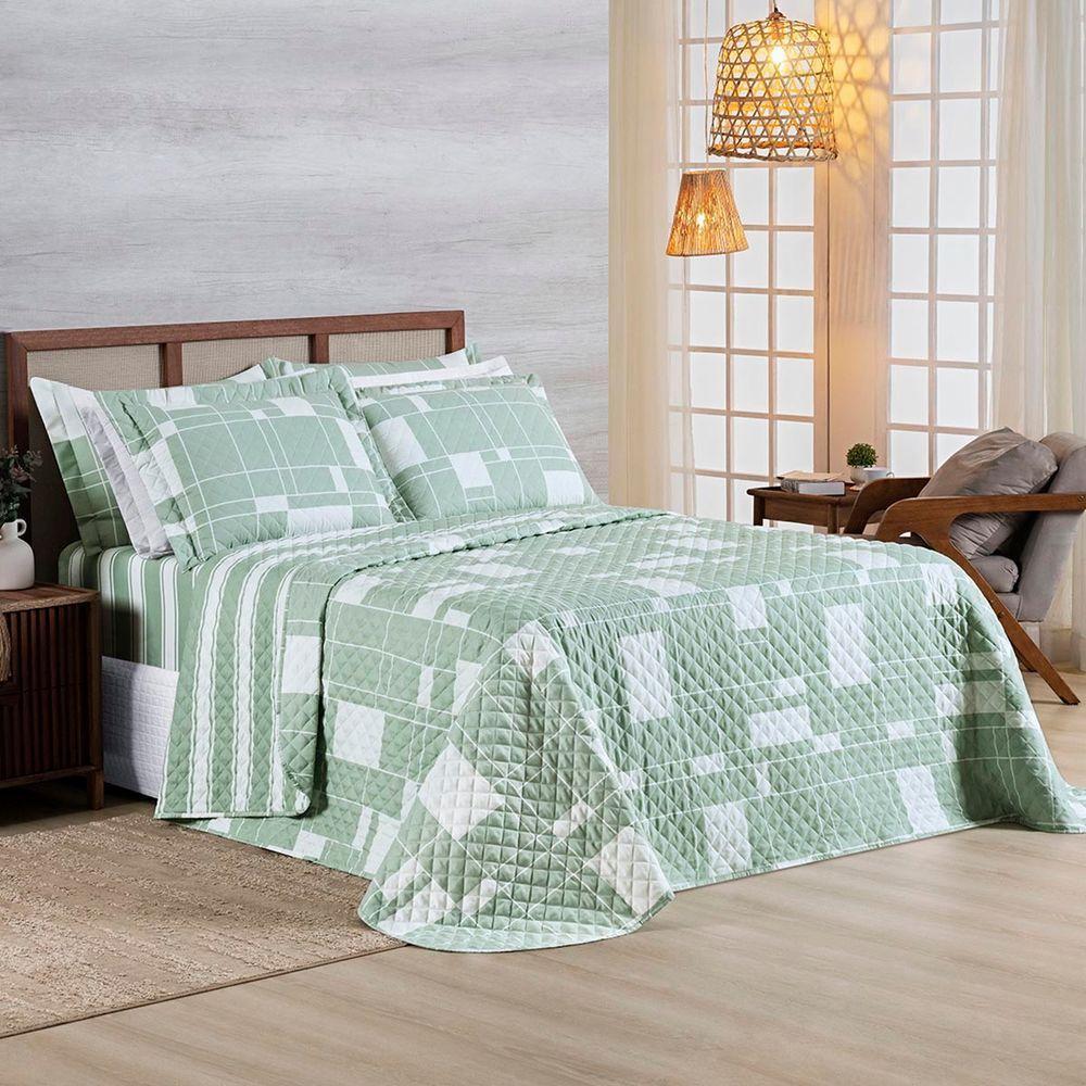 Kit Cobre Leito Colcha Belle Casal Padrão Estampado Dupla Face 400 Fios 3 Peças Quadriculado Verde - 1
