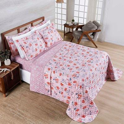 Kit Cobre Leito Colcha Belle Casal Padrão Estampado Dupla Face 400 Fios 3 Peças Floral Rosê