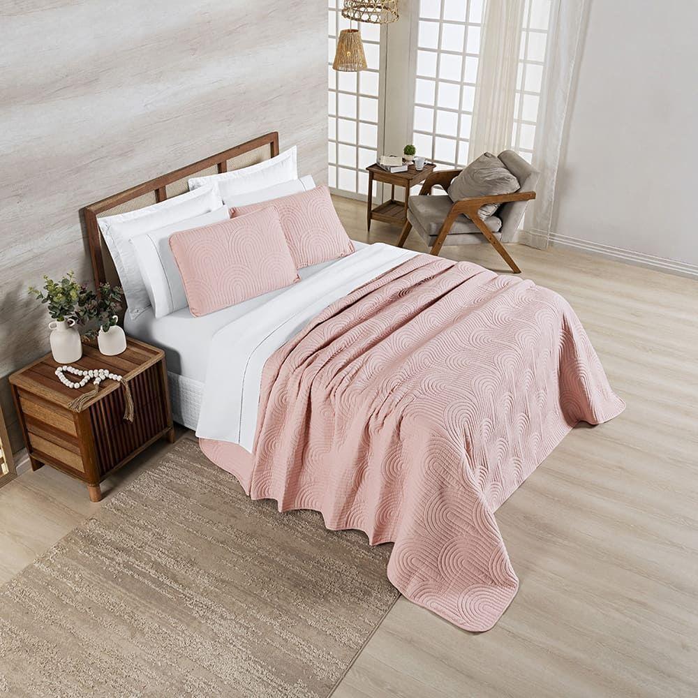 Kit Cobre Leito Colcha Harmony King 3 Peças Matelado Micropercal 200 Fios - Sal Rosa - 100% Poliéster - 5