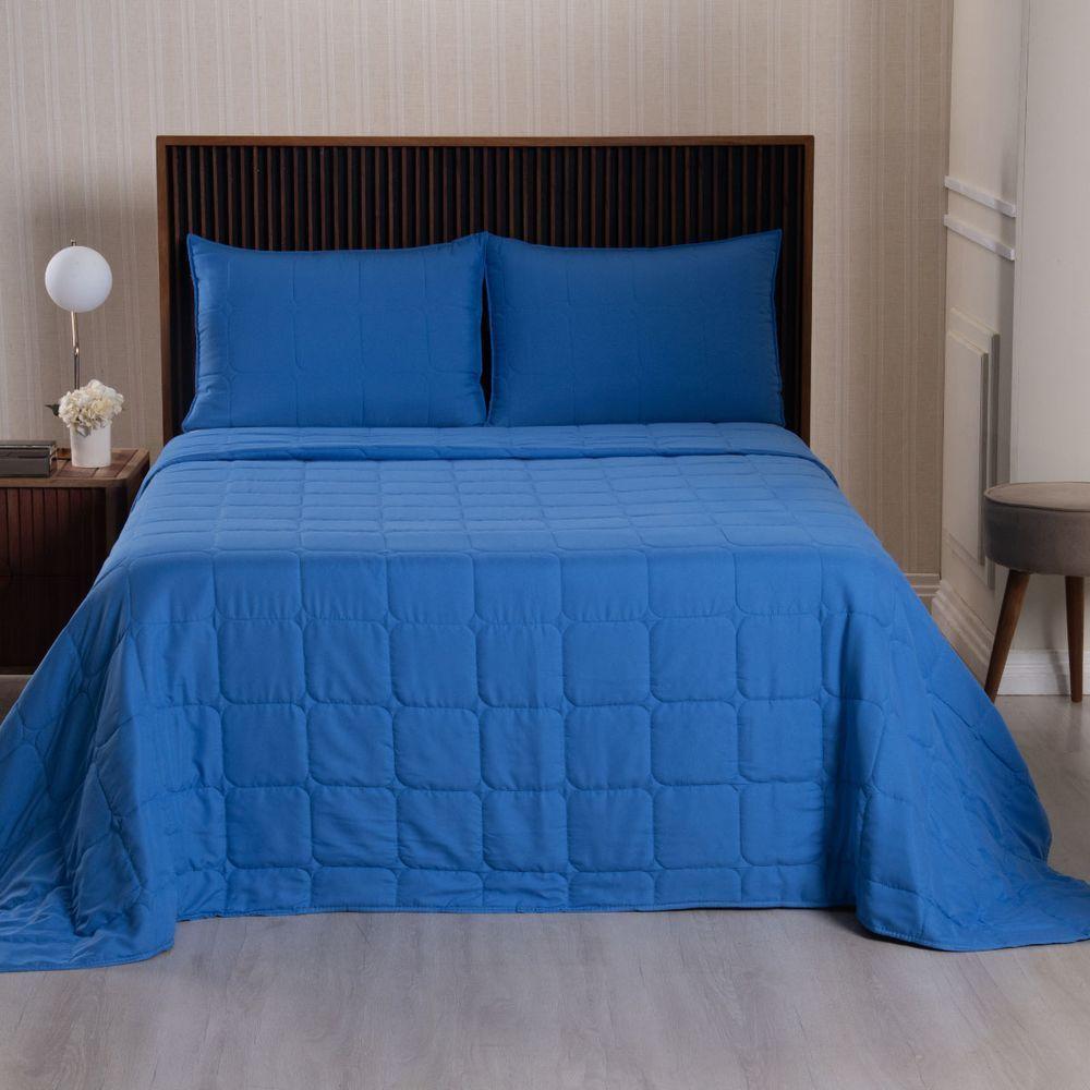 Kit Cobre Leito Colcha Speciale King Matelado Toque Acetinado 400 Fios 3 Peças Azul Royal - 100% Poliéster - 2