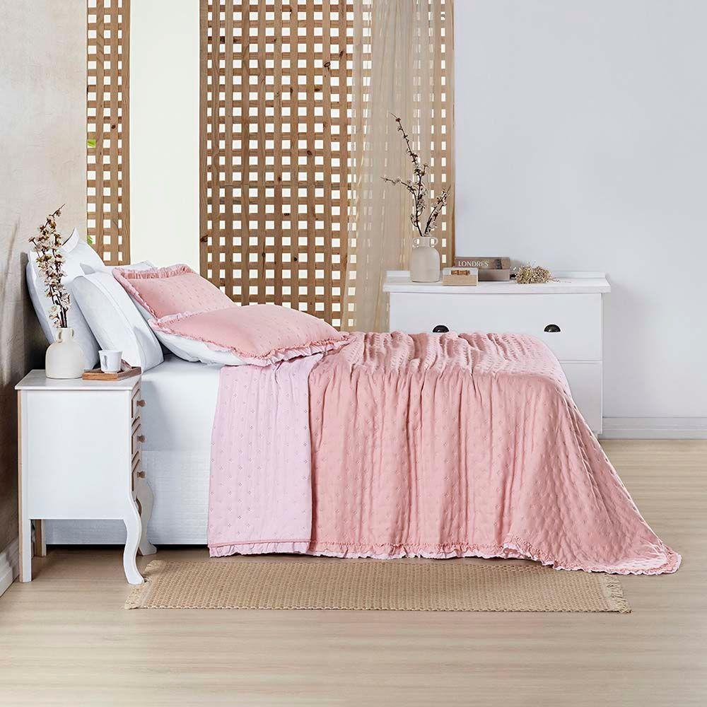 Kit Cobre Leito Colcha Lilian Queen 3 Peças Matelado Dupla Face Micropercal 200 Fios - Rosa - 100% Poliéster - 4