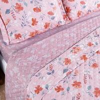Kit Cobre Leito Colcha Benim Casal 3 Peças Dupla Face Micropercal 400 Fios - Flora Rosa - 100% Poliéster - 3
