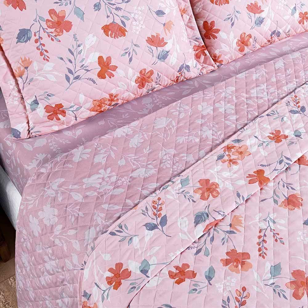 Kit Cobre Leito Colcha Benim Queen 3 Peças Dupla Face Micropercal 400 Fios - Flora Rosa - 100% Poliéster - 3