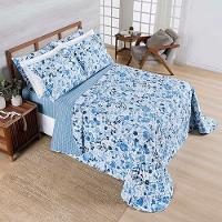 Kit Cobre Leito Colcha Benim King 3 Peças Dupla Face Micropercal 400 Fios - Loli Azul Floral - 100% Poliéster - 1