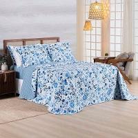 Kit Cobre Leito Colcha Benim King 3 Peças Dupla Face Micropercal 400 Fios - Loli Azul Floral - 100% Poliéster - 2