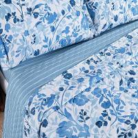 Kit Cobre Leito Colcha Benim King 3 Peças Dupla Face Micropercal 400 Fios - Loli Azul Floral - 100% Poliéster - 3