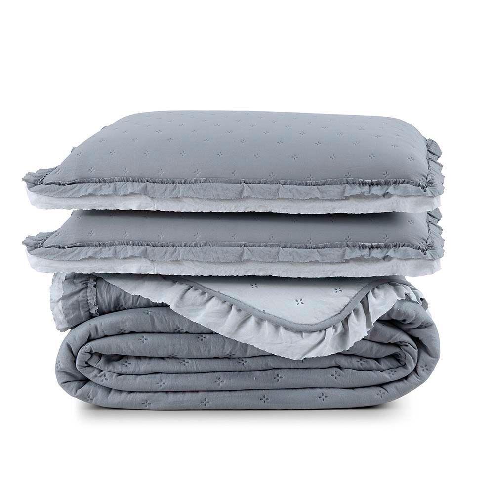 Kit Cobre Leito Colcha Lilian King 3 Peças Matelado Dupla Face Micropercal 200 Fios - Cinza - 100% Poliéster - 8