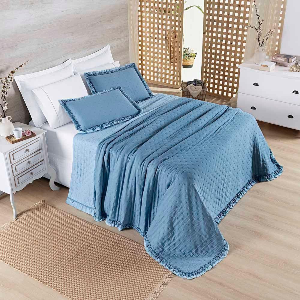Kit Cobre Leito Colcha Lilian Casal 3 Peças Matelado Dupla Face Micropercal 200 Fios - Azul - 100% Poliéster - 2