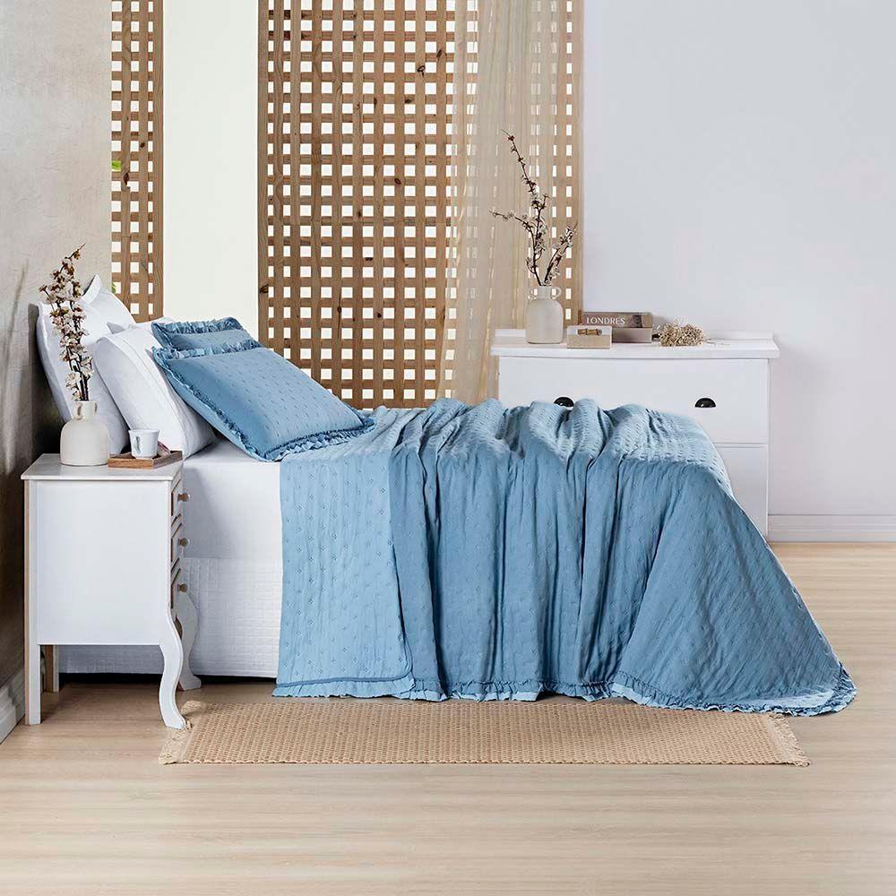 Kit Cobre Leito Colcha Lilian Casal 3 Peças Matelado Dupla Face Micropercal 200 Fios - Azul - 100% Poliéster - 7