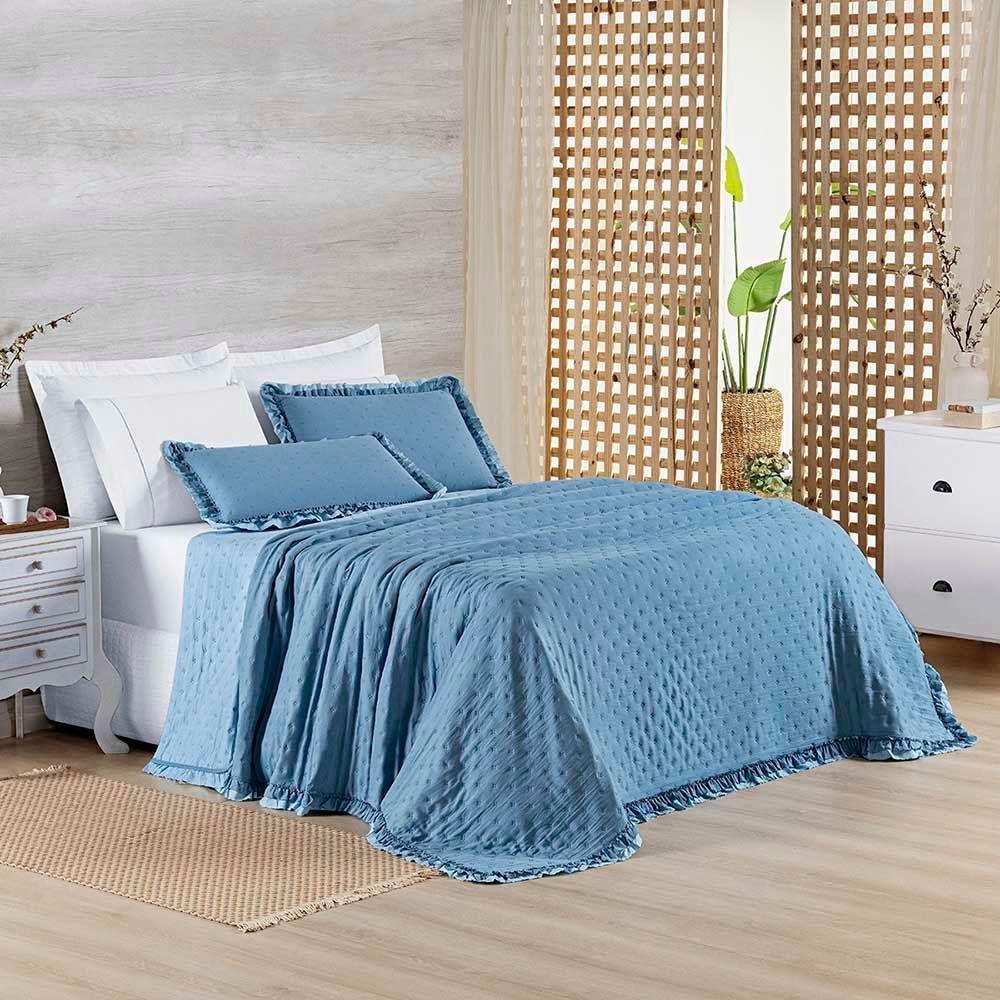 Kit Cobre Leito Colcha Lilian King 3 Peças Matelado Dupla Face Micropercal 200 Fios - Azul - 100% Poliéster - 2