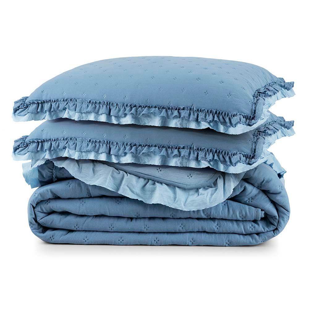 Kit Cobre Leito Colcha Lilian King 3 Peças Matelado Dupla Face Micropercal 200 Fios - Azul - 100% Poliéster - 8