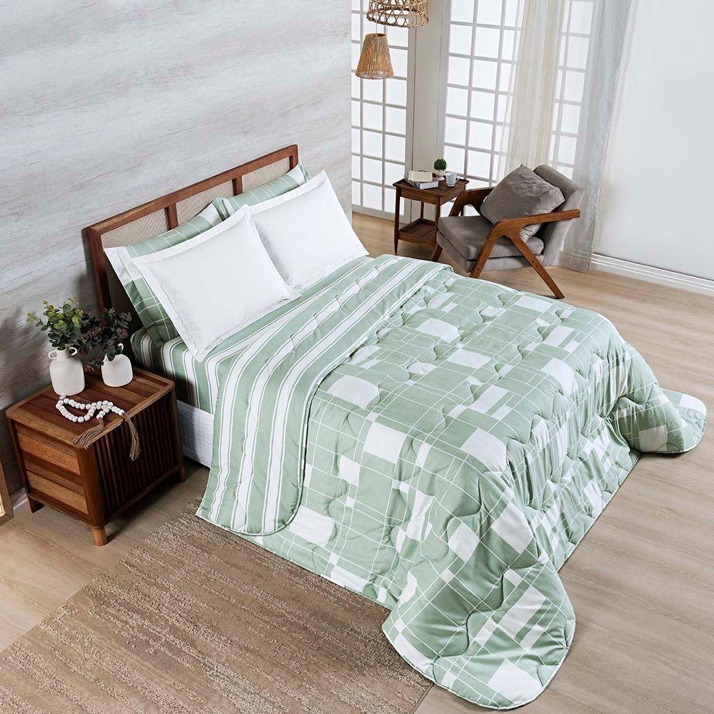 Edredom Cobertor Belle Queen 400 Fios Dupla Face Estampado Quadriculado Verde - 1