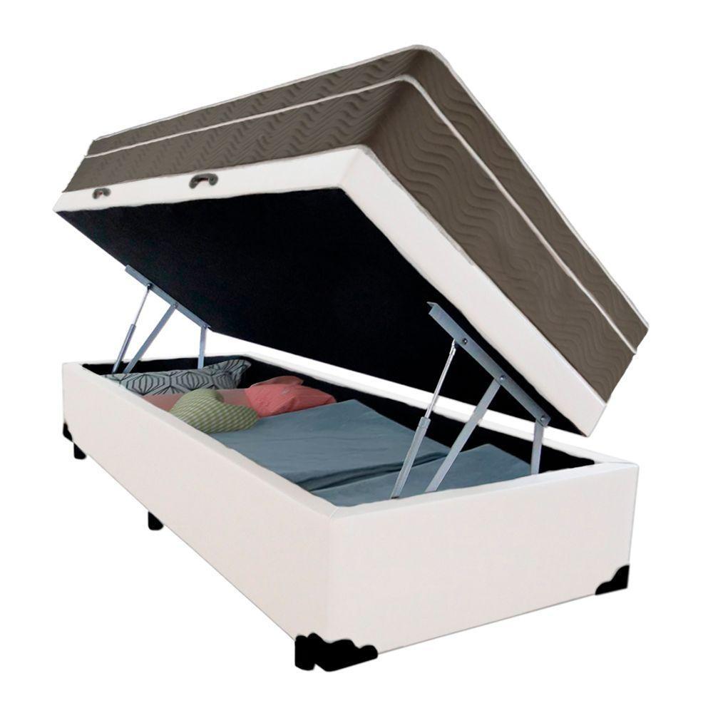 Cama Box Baú Solteiro Sintético + Colchão De Molas Ensacadas - Sereneprime - 88cm Branco - 6