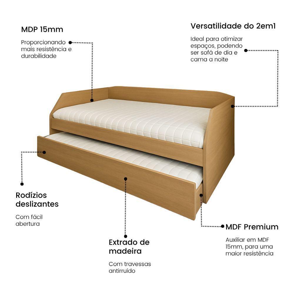 Bicama Solteiro Duo Com Cama Auxiliar Em Mdf Premium Amendoa - 2