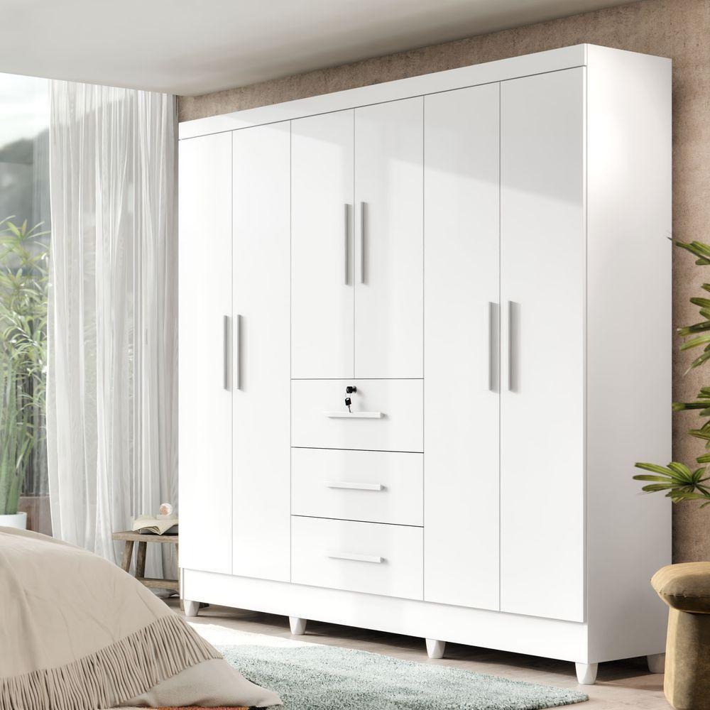 Guarda-roupa Casal 6 Portas 3 Gavetas Com Chave Mumbai Mdp Branco - 1