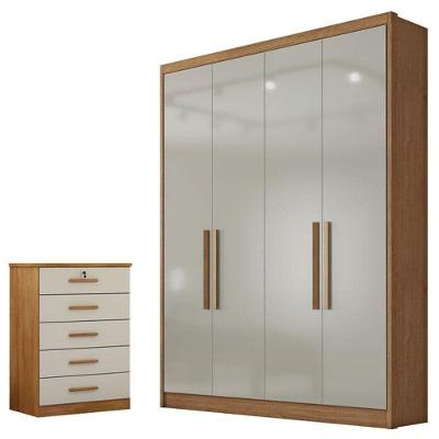 Guarda Roupa Solteiro Sevilha 4 Portas 3 Gavetas Cumaru 25 Fendi com Gaveteiro