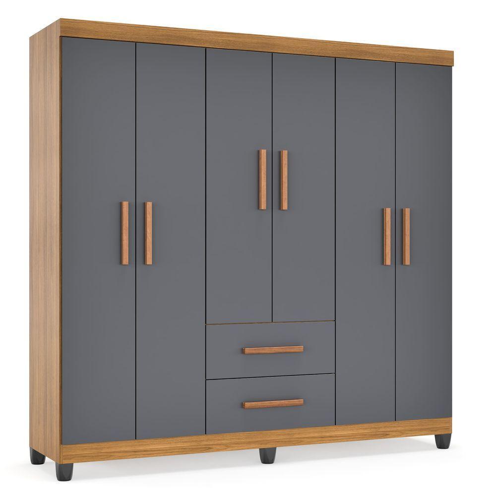 Guarda Roupa De Casal Lite 6 Portas Para Quarto Grande Com Cabideiro E Prateleiras Cinza Nature - 3