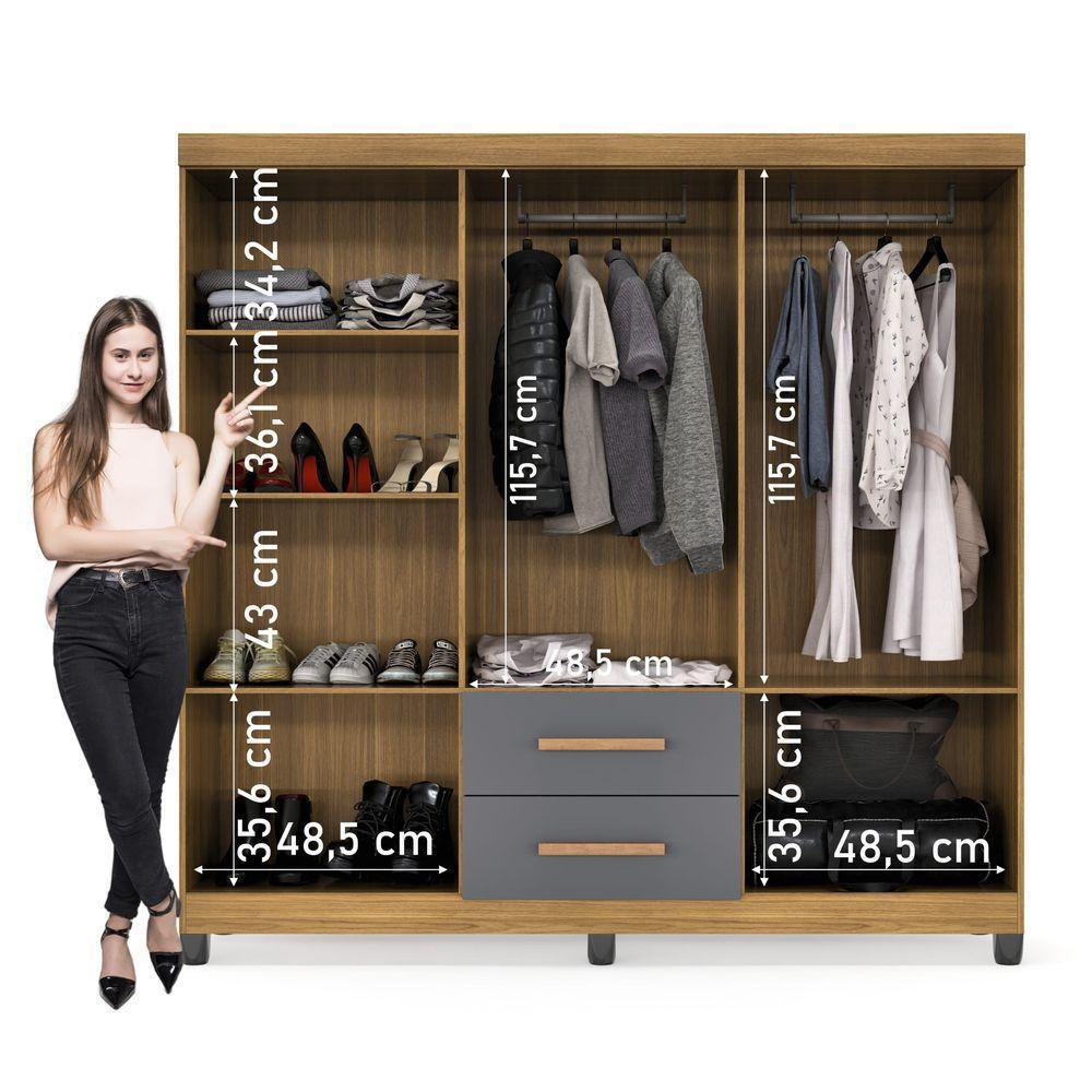 Guarda Roupa De Casal Lite 6 Portas Para Quarto Grande Com Cabideiro E Prateleiras Cinza Nature - 5
