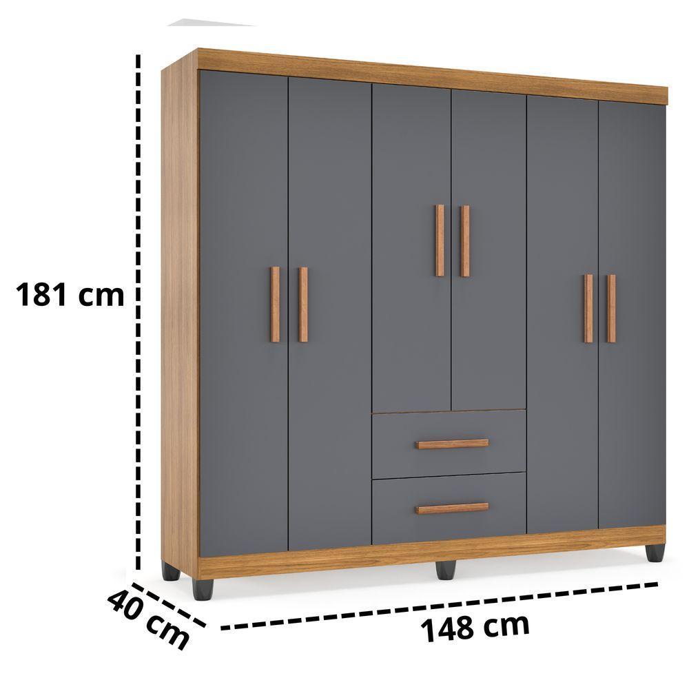 Guarda Roupa De Casal Lite 6 Portas Para Quarto Grande Com Cabideiro E Prateleiras Cinza Nature - 6