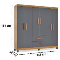 Guarda Roupa De Casal Lite 6 Portas Para Quarto Grande Com Cabideiro E Prateleiras Cinza Nature - 6