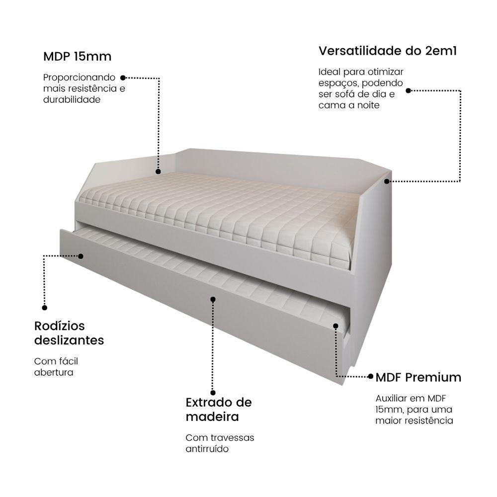 Sofá Cama Solteiro Duo Com Cama Auxiliar Em Mdf Reforçado 15mm Branco - 2