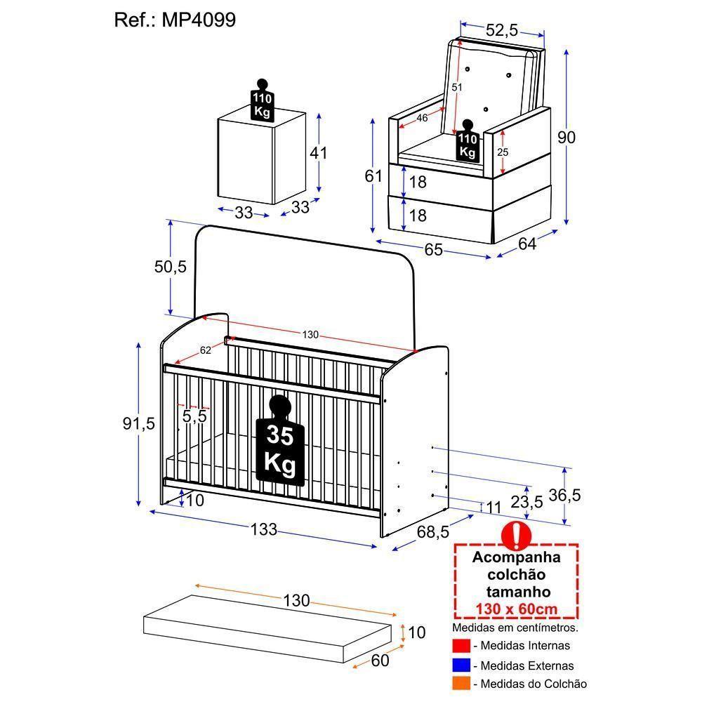 Berço Com Colchão Incluso Poltrona De Amamentação E Puff Multimóveis Mp4099 Branco/Bege Branco/Bege - 3