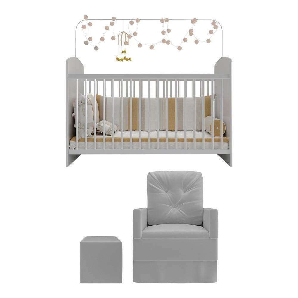Berço Com Colchão Incluso Poltrona De Amamentação E Puff Mp4099 Branco/Cinza Branco/Cinza - 2