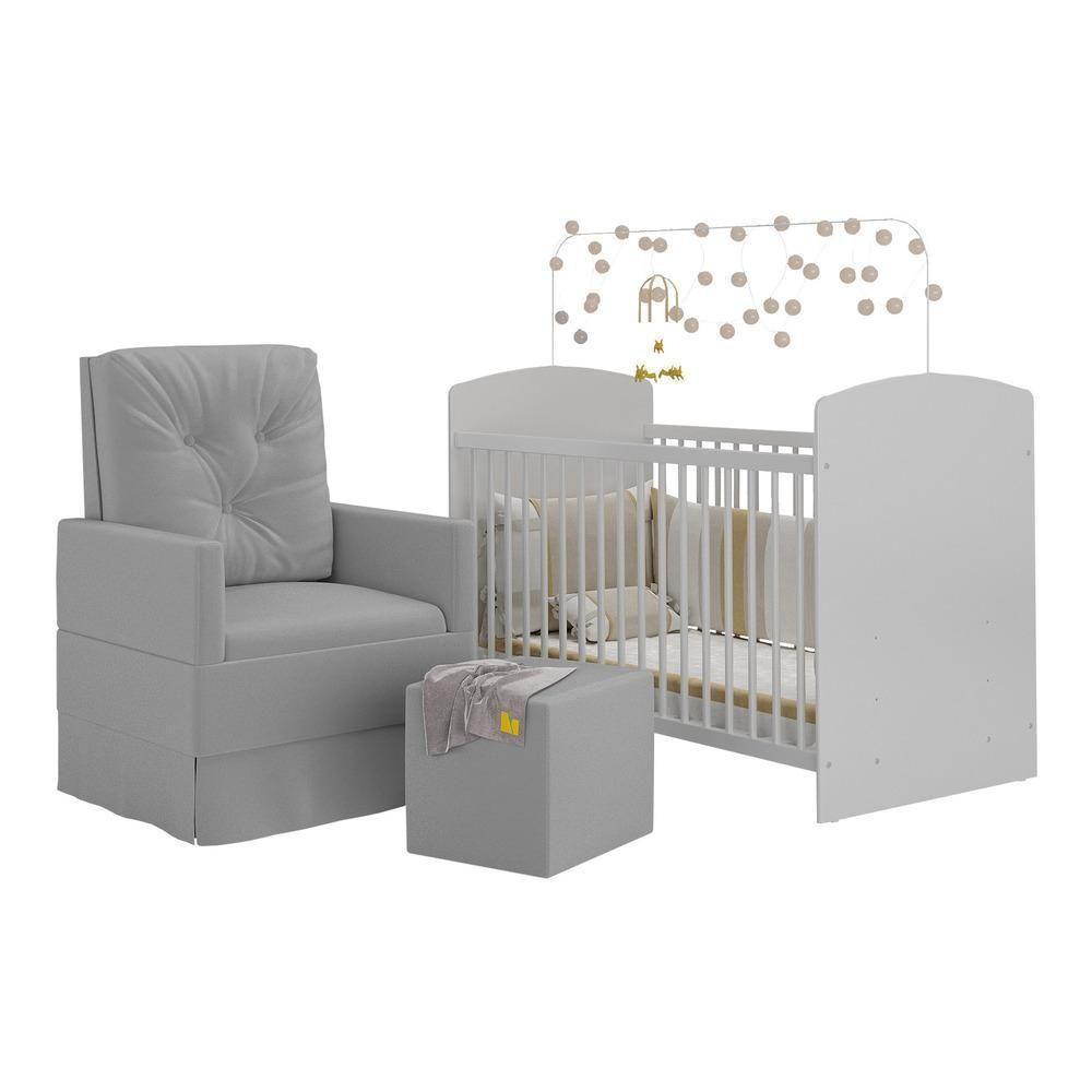 Berço Com Colchão Incluso Poltrona De Amamentação E Puff Mp4099 Branco/Cinza Branco/Cinza - 4