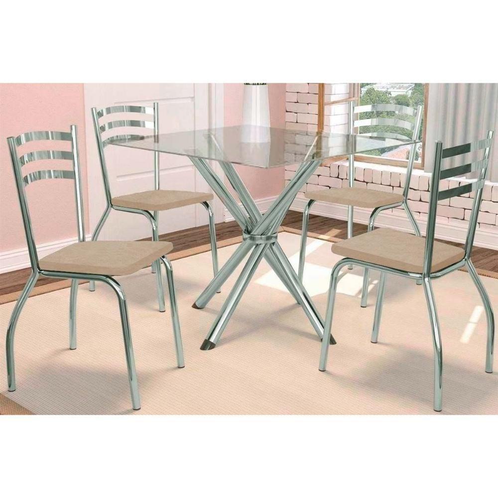 Sala De Jantar Completa Volga C/ Tampo De Vidro 90cm E 4 Cadeiras Portugal Cromada - Courano Bege - Kappesberg - 1