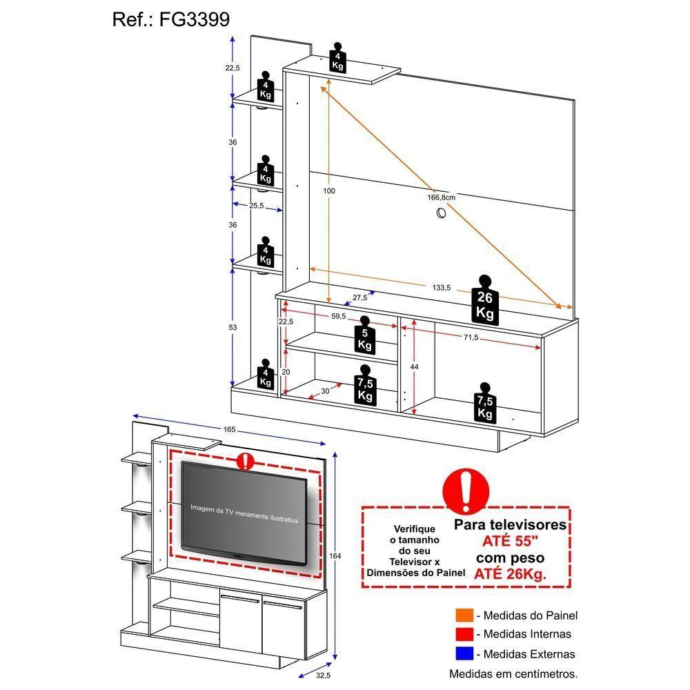 Estante Com 3 Leds Para Tv Até 55´´ Dallas Fg3399 Preta/lacca Fumê - 6