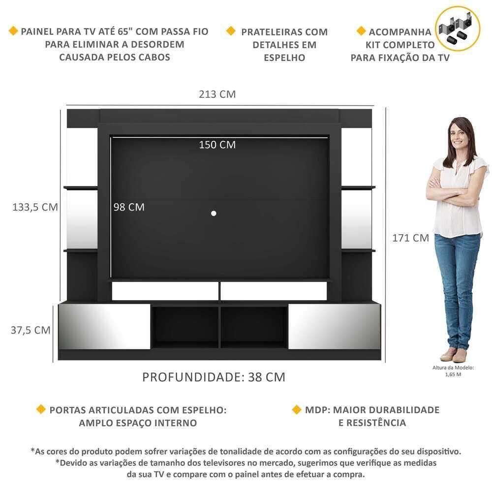 Estante Com Espelho E Suporte Para Tv Até 65´´ Oslo Fg3381 Preta/madeirada - 5