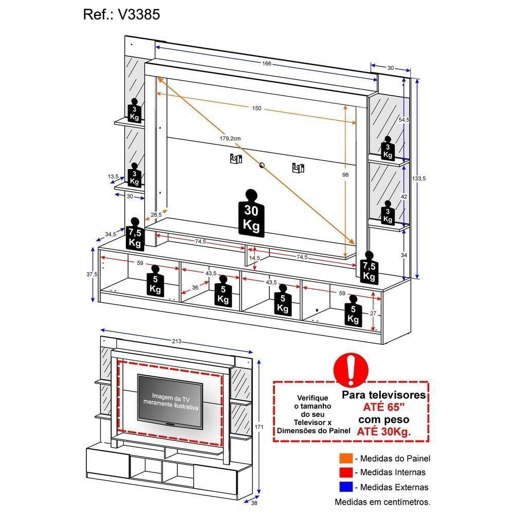 Estante Com Suporte Tv 65" Prateleiras C/ Espelho Oslo Multimóveis V3385 Madeirado/Branco - 5