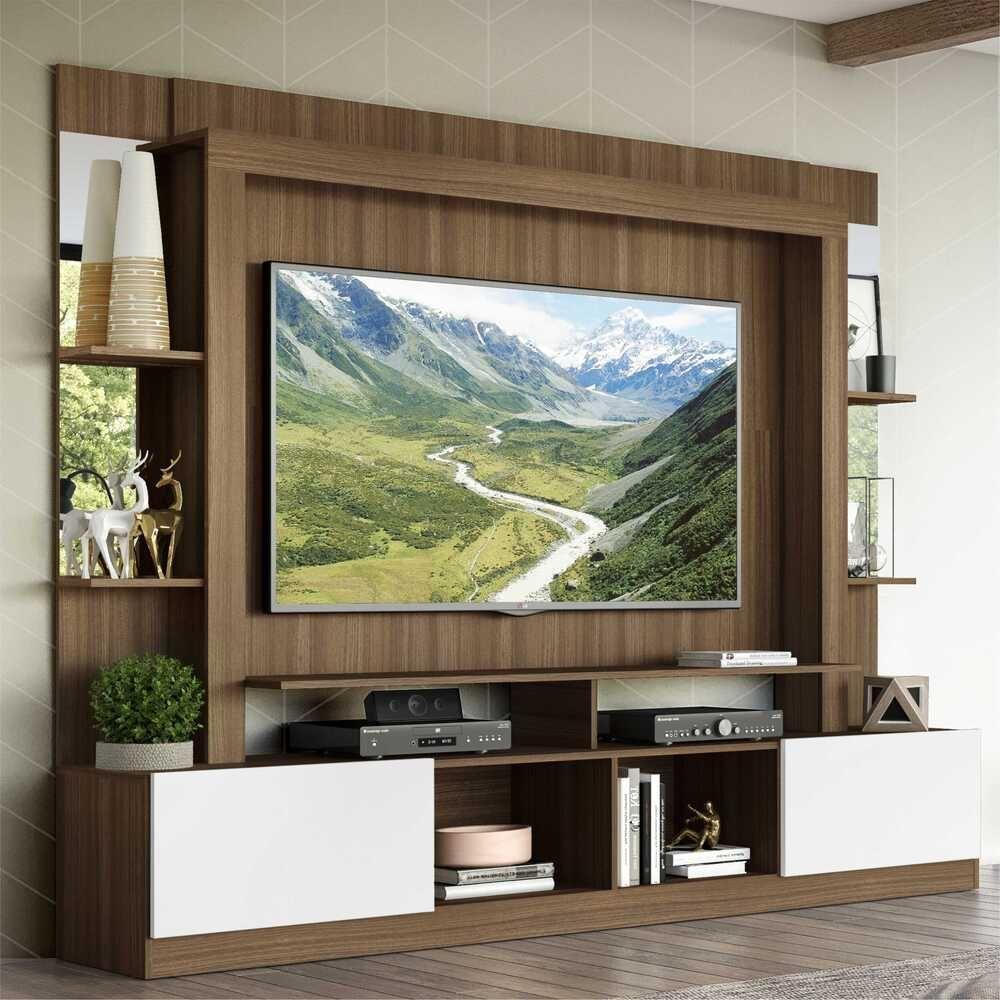 Estante Com Suporte Tv 65" Prateleiras C/ Espelho Oslo Multimóveis V3385 Madeirado/Branco - 7