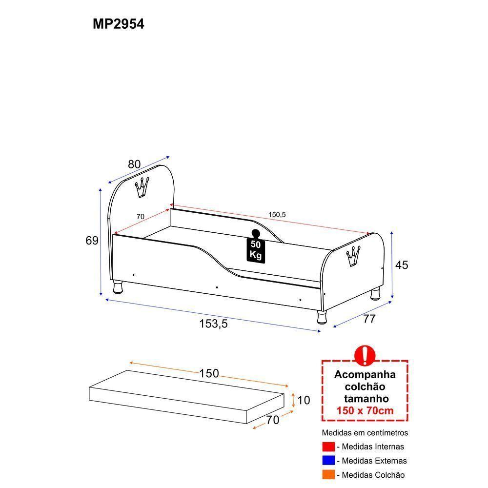Cama Infantil Com Colchão Incluso 70 X 150 Cm 100% Mdf Realeza Multimóveis Branca - 3