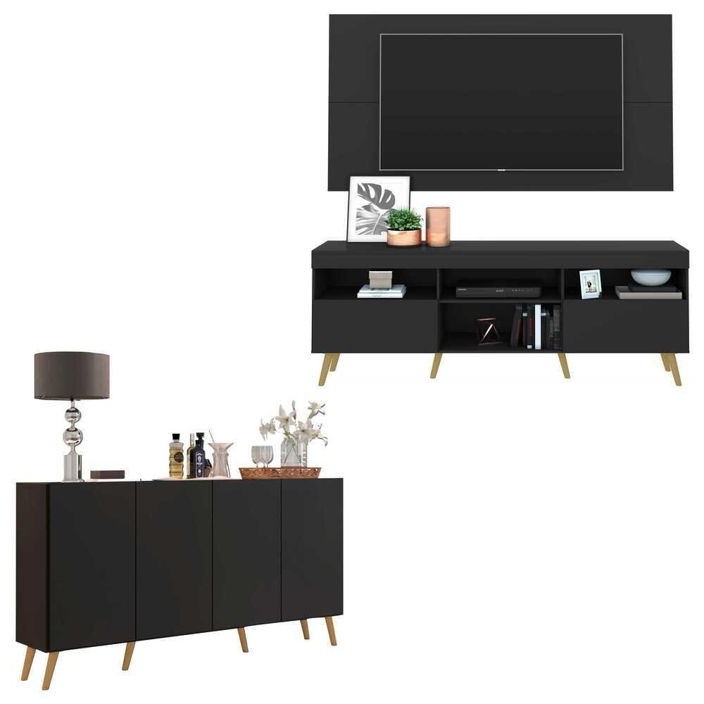 Conjunto Sala De Estar Rack/painel Tv/aparador Multimóveis Sofia Preto/natural - 3