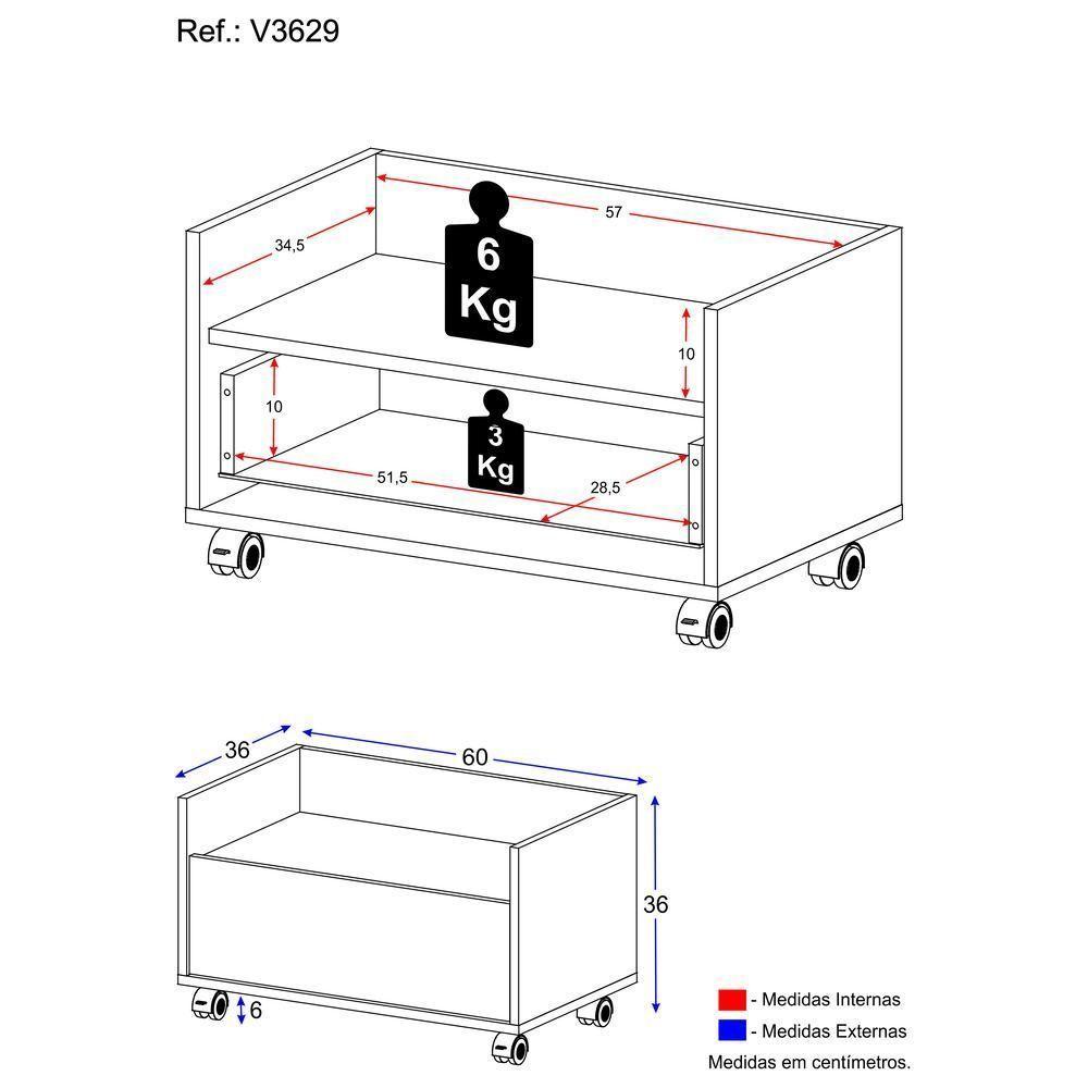 Mesa De Cabeceira 60Cm Com Rodízios Multimóveis V3629 Preta Preto - 5