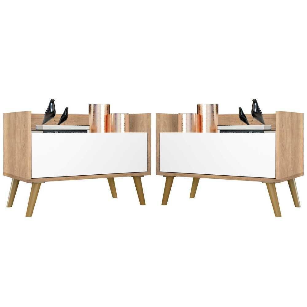 Kit Com 2 Mesas De Cabeceira 80Cm Retrô Multimóveis V4002 Rustic/Branca/Natural - 1