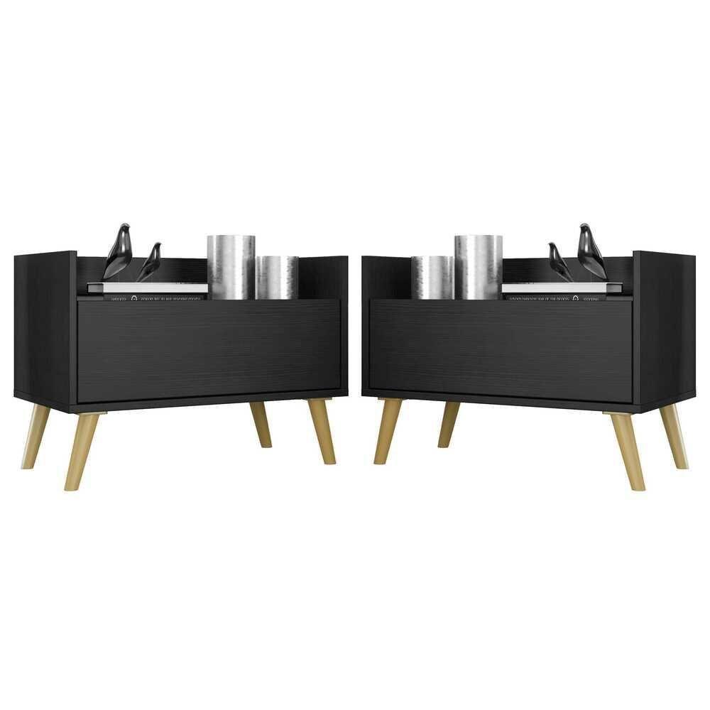 Kit Com 2 Mesas De Cabeceira 60Cm Retrô Multimóveis V3633 Preta/Natural Preto/Natural - 1