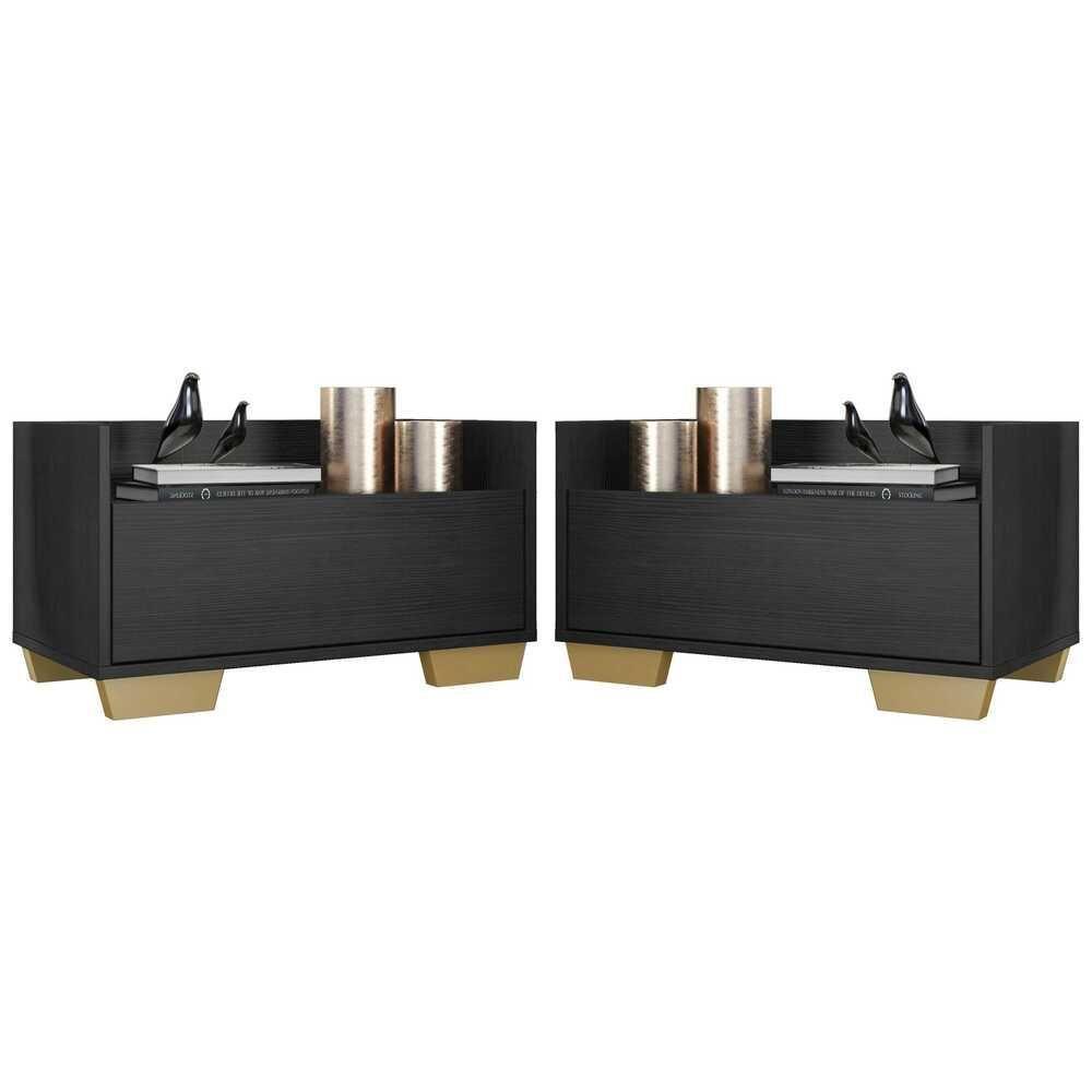 Kit Com 2 Mesas De Cabeceira 80Cm Multimóveis V4003 Preta/Natural Preto/Natural - 1